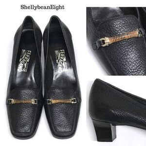 SALVATORE FERRAGAMO Low Heels Pumps GANCINI Vintage 90s Square Toe 8 N